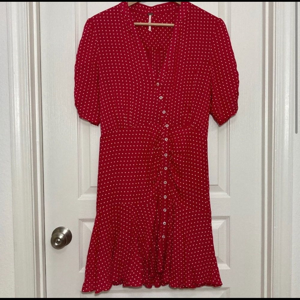 Free People | Red Polka Dot Retro Dress W/ Asymmetrical Button Front | Medium.